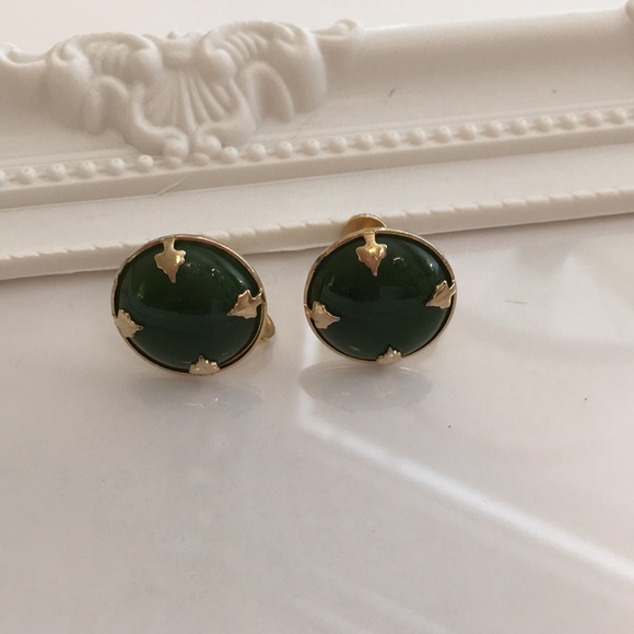 Old Pawn Silver and Jade Clip Earrings
